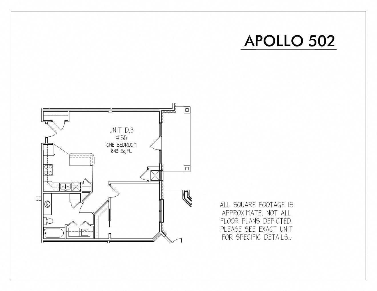 Floor plan for 1 bed, 1 bath, 843 sqft